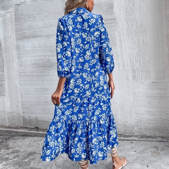 Bohemian Blue Floral Button up Ruffle Midi Dress - Picture 5 of 7